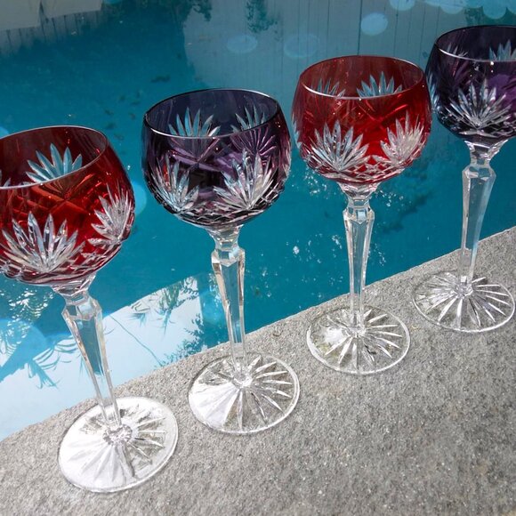 Set of 4 Ajka Caroline 9 Point Wine Hock Cut to Clear 2 Ruby/2 Amethyst Goblets - Picture 4 of 10
